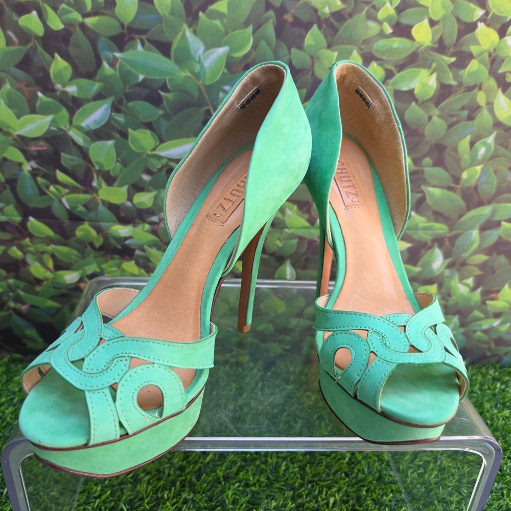 Schutz Mint Green Suede Platform Sandals Cutout Peep Toe Stiletto Heels 8B